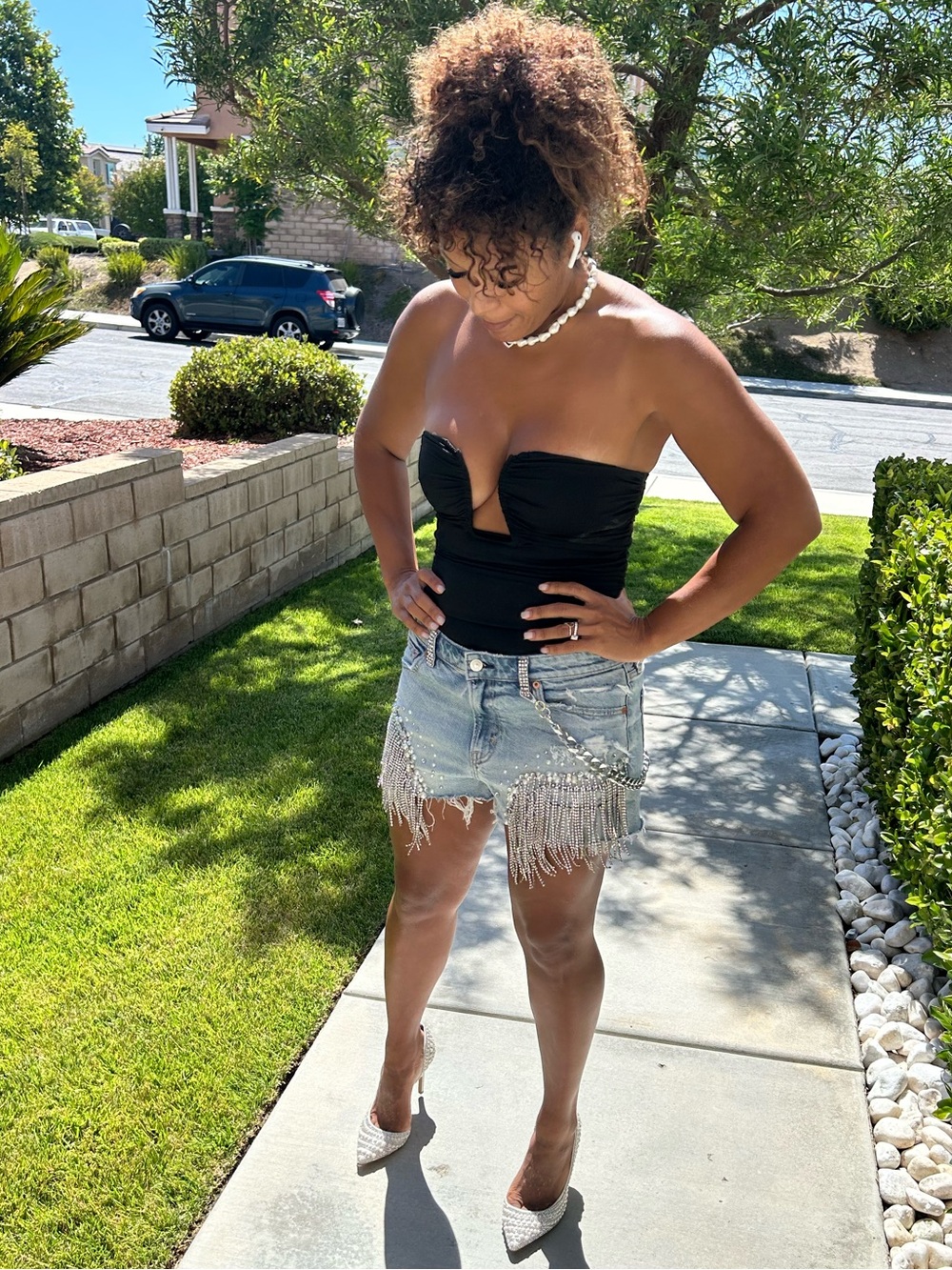 American Eagle Hand-Embellished Rhinestone Pearl Fringe Denim Festival Shorts - Picture 7 of 17